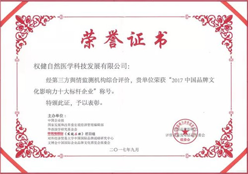 权健荣获“2017中国品牌文化影响力十大标杆企业”称号
